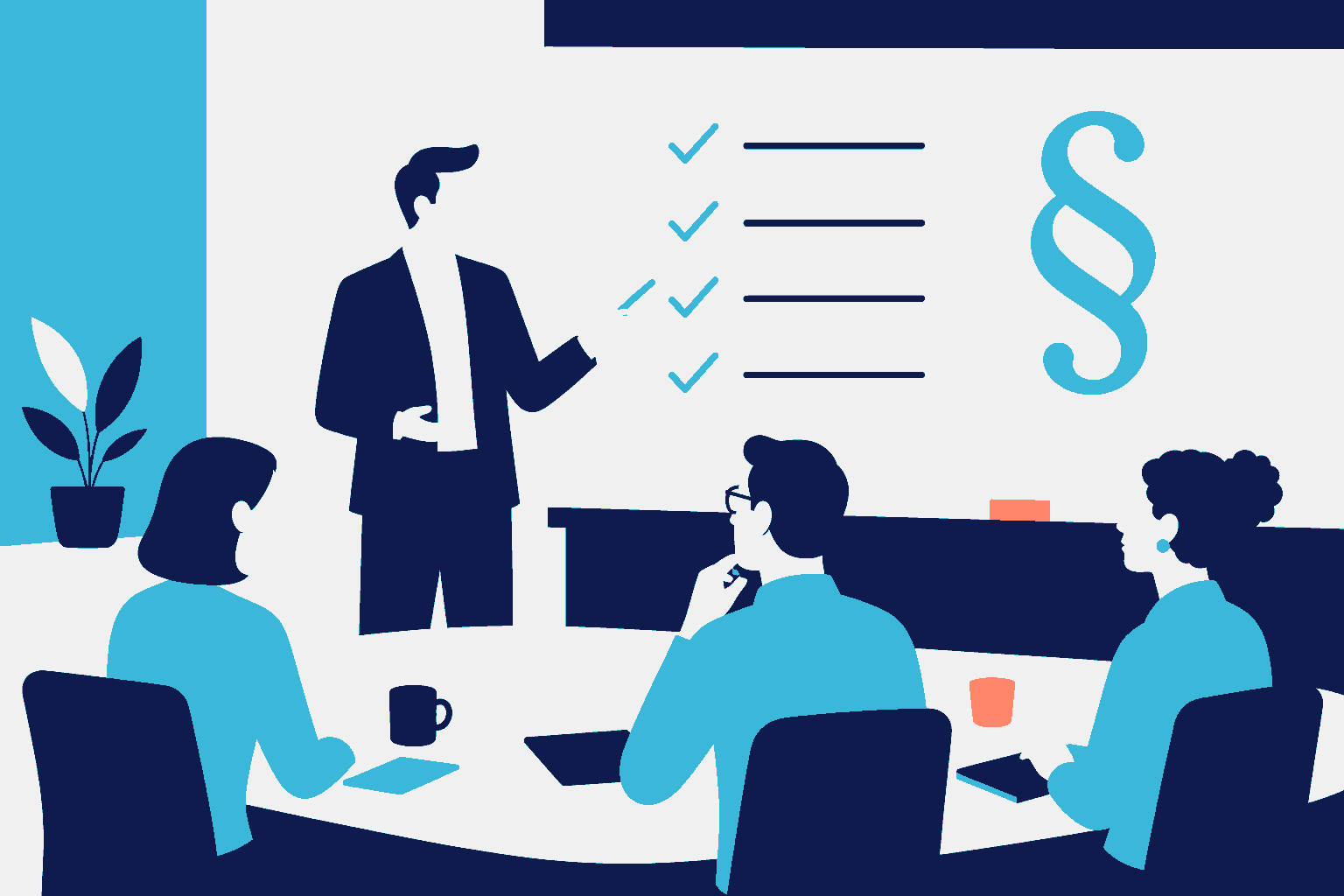 Illustration einer Team-Schulung mit Dozent, Checkliste und Paragrafen-Symbol.